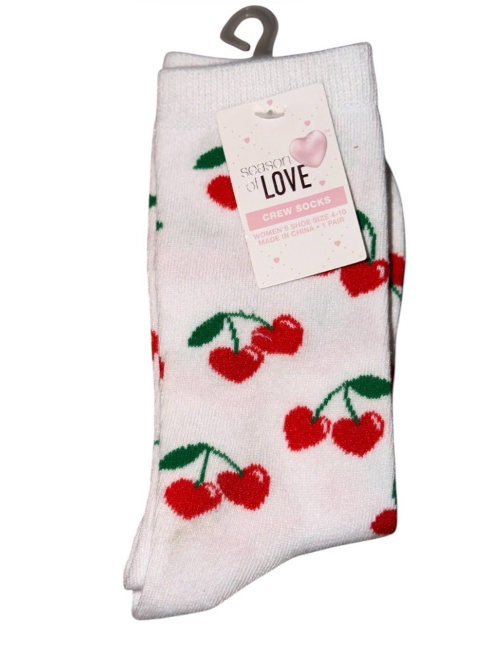 Women's White Crew Socks with Red Cherry Pattern